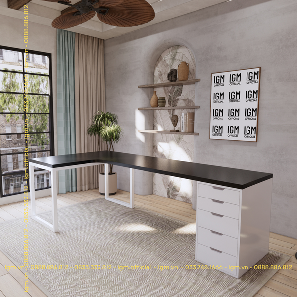 Bàn IKEA chữ L 1 Hộc tủ 5 ngăn trắng (Mặt bàn MDF - Màu đen)