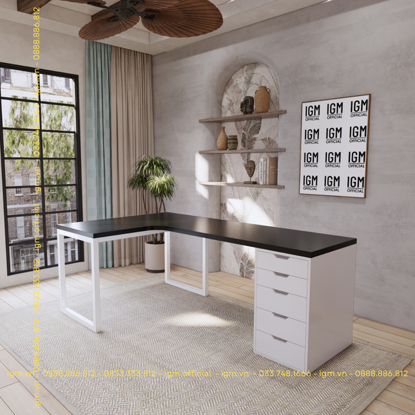 Bàn IKEA chữ L 1 Hộc tủ 5 ngăn trắng (Mặt bàn MDF - Màu đen)