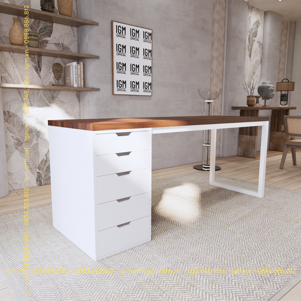 Bàn IKEA 1 Hộc tủ Trắng (Mặt bàn MDF - Màu Óc chó)