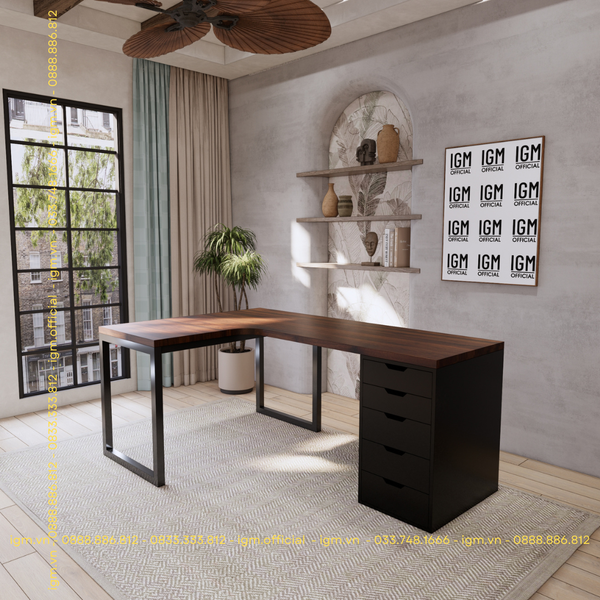Bàn IKEA  chữ L 1 Hộc tủ Đen (Mặt bàn MDF - Màu Óc chó )