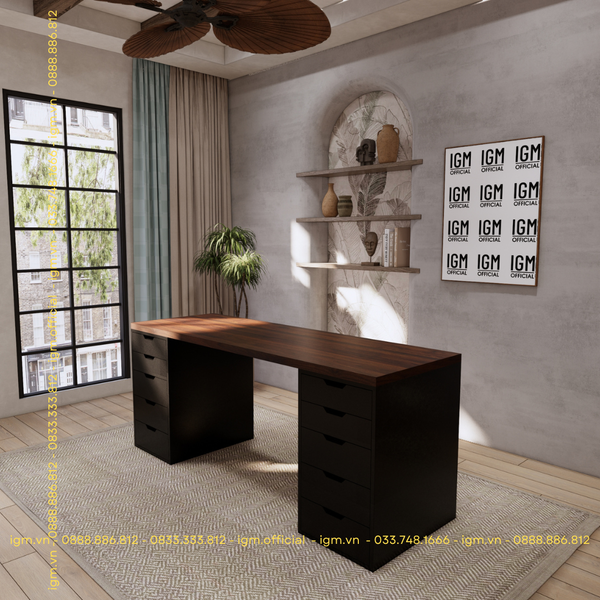 Bàn IKEA 2 Hộc tủ Đen (Mặt bàn MDF - Màu Óc chó)