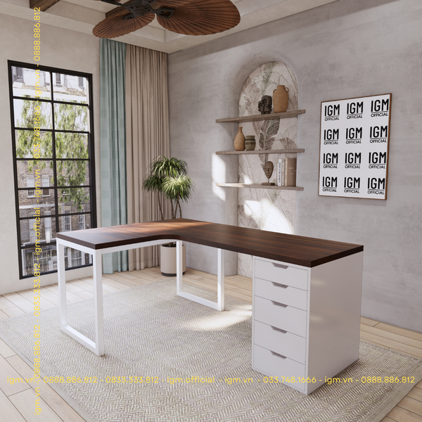 Bàn IKEA Chữ L 1 Hộc tủ 5 ngăn trắng (Mặt bàn MDF - Màu Óc chó)