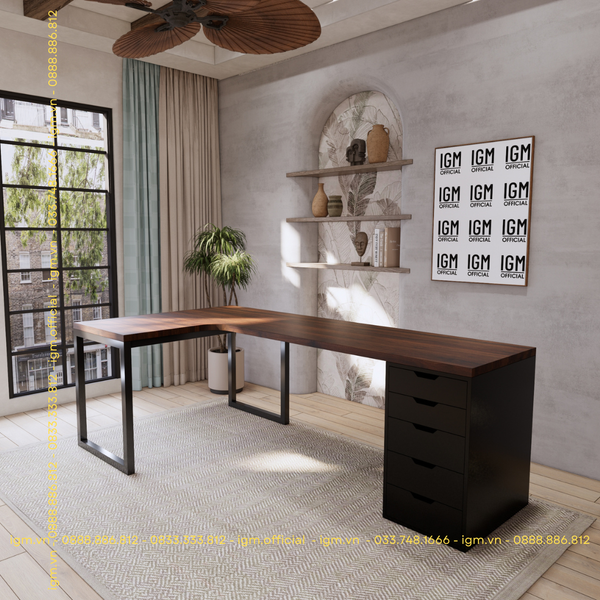 Bàn IKEA  chữ L 1 Hộc tủ Đen (Mặt bàn MDF - Màu Óc chó )