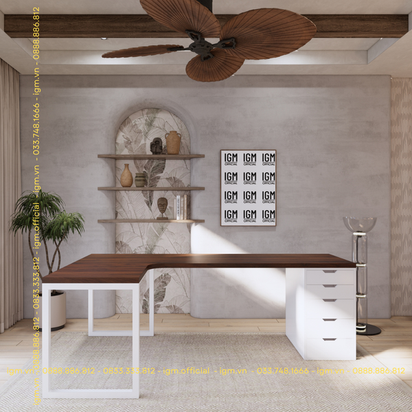 Bàn IKEA Chữ L 1 Hộc tủ 5 ngăn trắng (Mặt bàn MDF - Màu Óc chó)