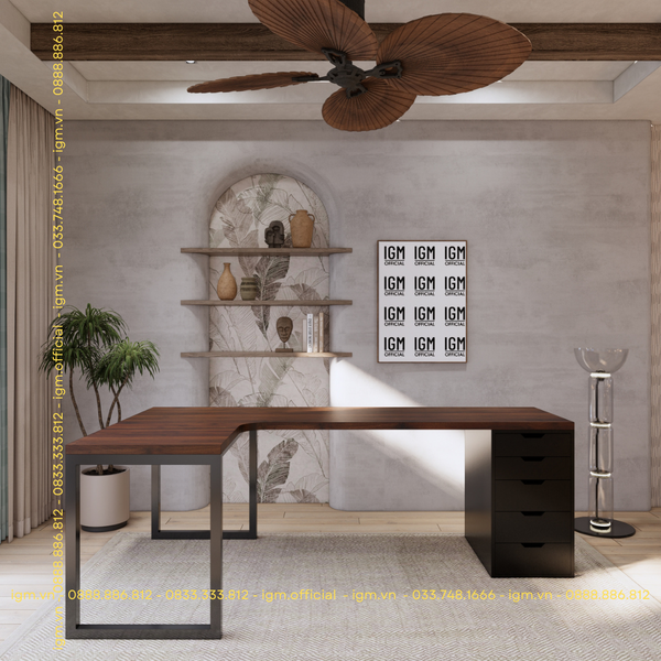Bàn IKEA  chữ L 1 Hộc tủ Đen (Mặt bàn MDF - Màu Óc chó )