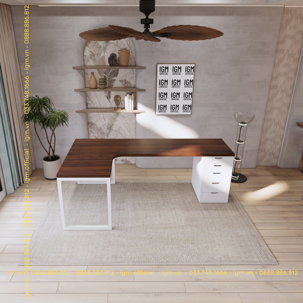Bàn IKEA Chữ L 1 Hộc tủ 5 ngăn trắng (Mặt bàn MDF - Màu Óc chó)