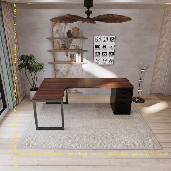 Bàn IKEA  chữ L 1 Hộc tủ Đen (Mặt bàn MDF - Màu Óc chó )