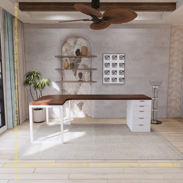 Bàn IKEA Chữ L 1 Hộc tủ 5 ngăn trắng (Mặt bàn MDF - Màu Óc chó)