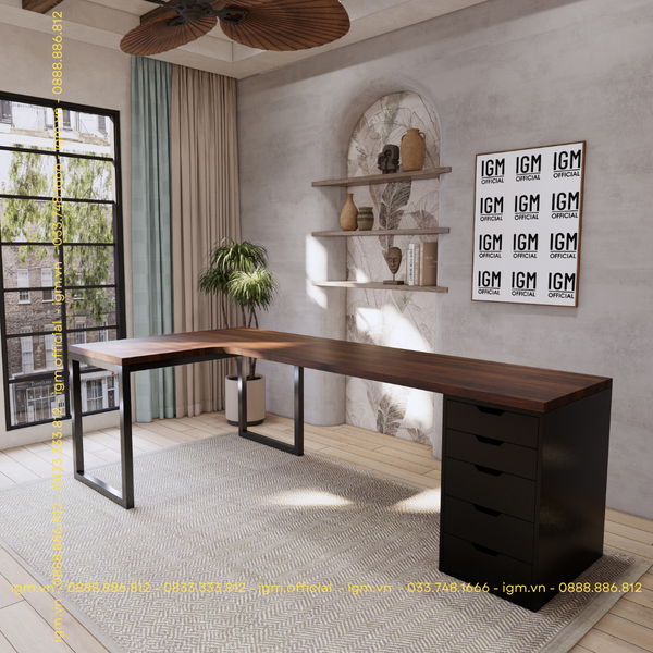Bàn IKEA  chữ L 1 Hộc tủ Đen (Mặt bàn MDF - Màu Óc chó )