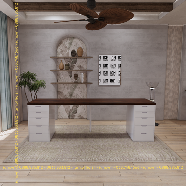 Bàn IKEA 2 Hộc tủ Trắng (Mặt bàn MDF - Màu Óc chó)