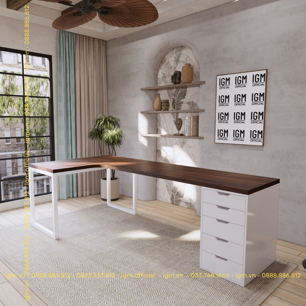 Bàn IKEA Chữ L 1 Hộc tủ 5 ngăn trắng (Mặt bàn MDF - Màu Óc chó)