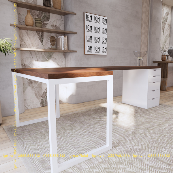 Bàn IKEA Chữ L 1 Hộc tủ 5 ngăn trắng (Mặt bàn MDF - Màu Óc chó)