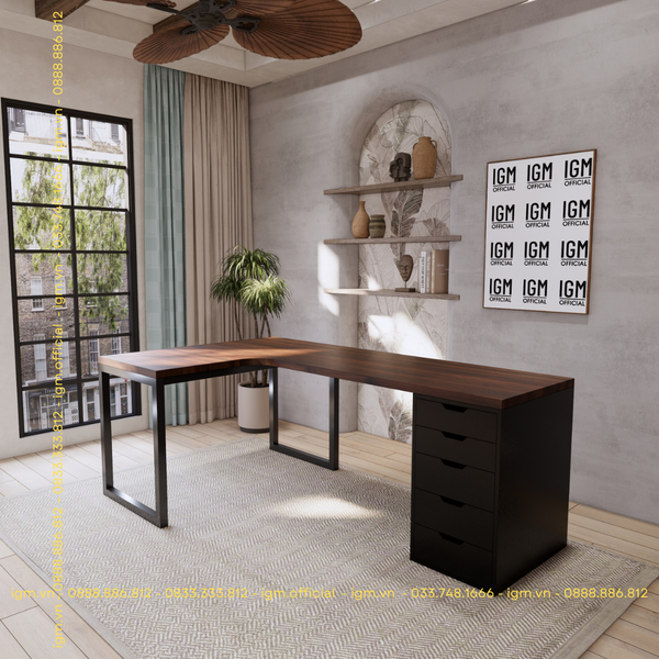 Bàn IKEA  chữ L 1 Hộc tủ Đen (Mặt bàn MDF - Màu Óc chó )