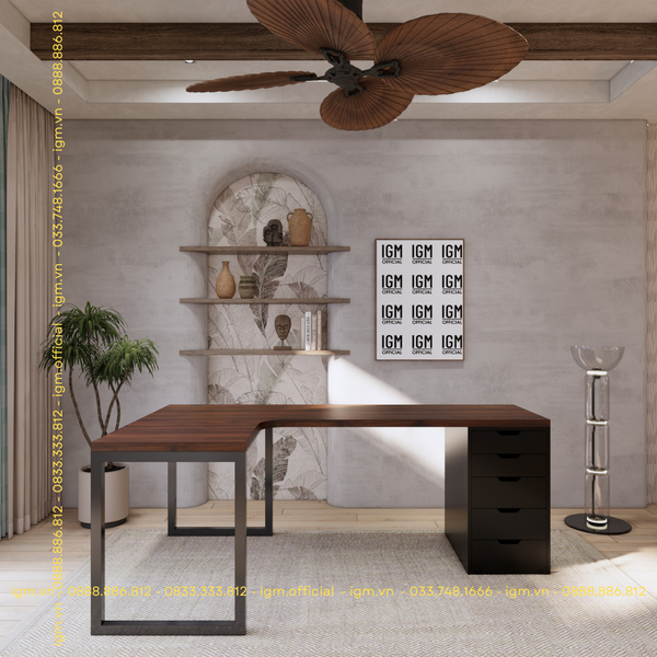 Bàn IKEA  chữ L 1 Hộc tủ Đen (Mặt bàn MDF - Màu Óc chó )