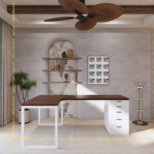 Bàn IKEA Chữ L 1 Hộc tủ 5 ngăn trắng (Mặt bàn MDF - Màu Óc chó)