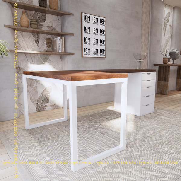 Bàn IKEA Chữ L 1 Hộc tủ 5 ngăn trắng (Mặt bàn MDF - Màu Óc chó)