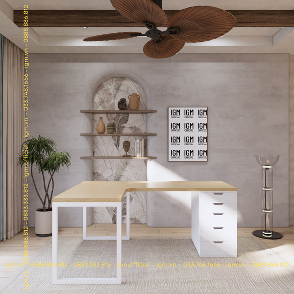 Bàn IKEA chữ L 1 Hộc tủ 5 ngăn trắng (Mặt bàn MDF - Màu Gỗ sồi)