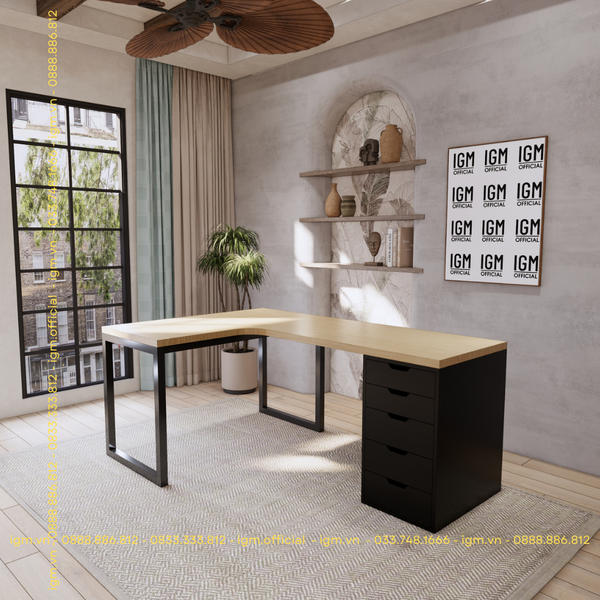 Bàn IKEA chữ L 1 Hộc tủ đen (Mặt bàn MDF -  Màu Gỗ sồi)