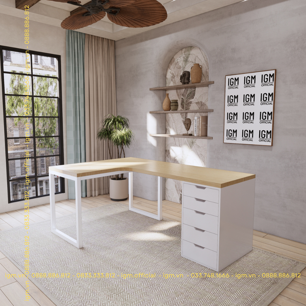Bàn IKEA chữ L 1 Hộc tủ 5 ngăn trắng (Mặt bàn MDF - Màu Gỗ sồi)