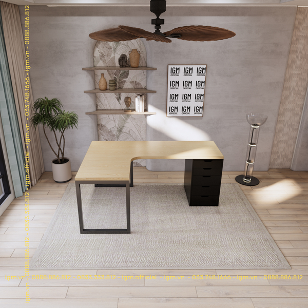 Bàn IKEA chữ L 1 Hộc tủ đen (Mặt bàn MDF -  Màu Gỗ sồi)