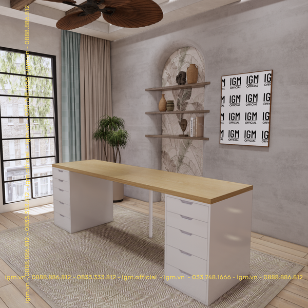 Bàn IKEA 2 Hộc tủ Trắng (Mặt bàn MDF - Màu Gỗ sồi)