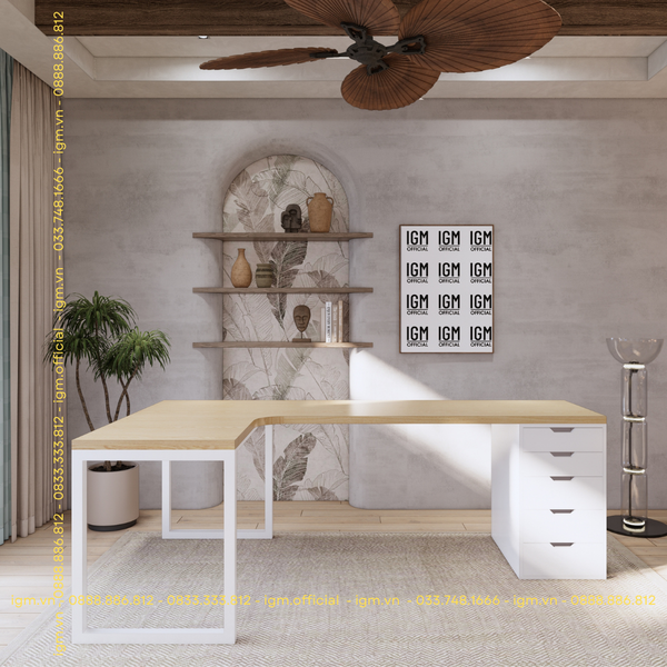 Bàn IKEA chữ L 1 Hộc tủ 5 ngăn trắng (Mặt bàn MDF - Màu Gỗ sồi)