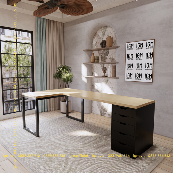 Bàn IKEA chữ L 1 Hộc tủ đen (Mặt bàn MDF -  Màu Gỗ sồi)