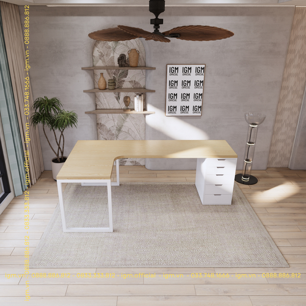 Bàn IKEA chữ L 1 Hộc tủ 5 ngăn trắng (Mặt bàn MDF - Màu Gỗ sồi)