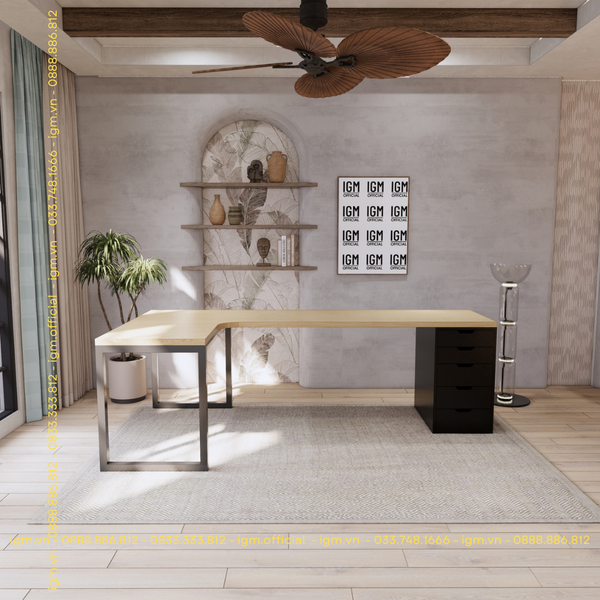 Bàn IKEA chữ L 1 Hộc tủ đen (Mặt bàn MDF -  Màu Gỗ sồi)