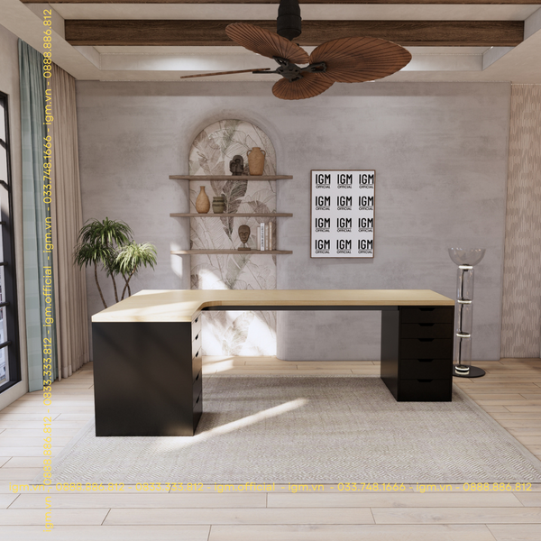 Bàn IKEA chữ L 2 Hộc tủ 5 ngăn Đen (Mặt bàn MDF - Màu Gỗ sồi)