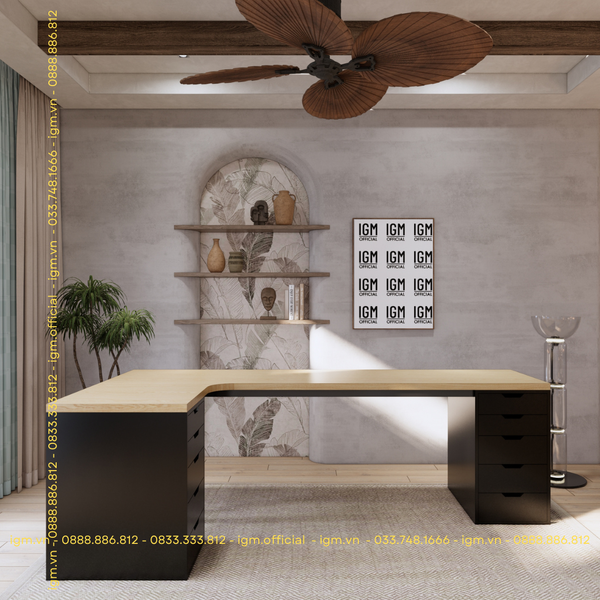 Bàn IKEA chữ L 2 Hộc tủ 5 ngăn Đen (Mặt bàn MDF - Màu Gỗ sồi)