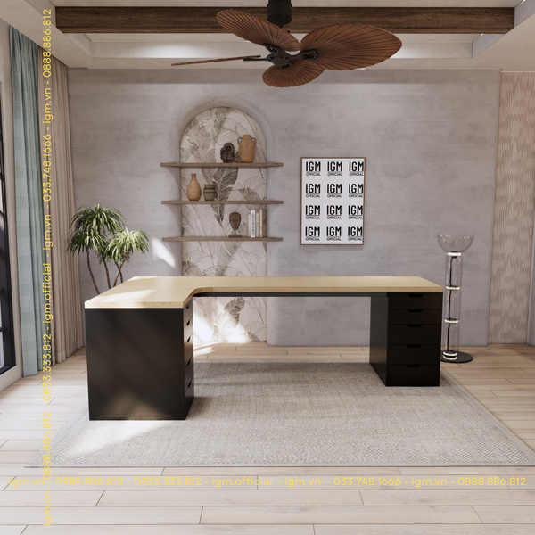 Bàn IKEA chữ L 2 Hộc tủ 5 ngăn Đen (Mặt bàn MDF - Màu Gỗ sồi)