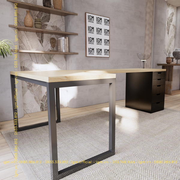 Bàn IKEA chữ L 1 Hộc tủ đen (Mặt bàn MDF -  Màu Gỗ sồi)