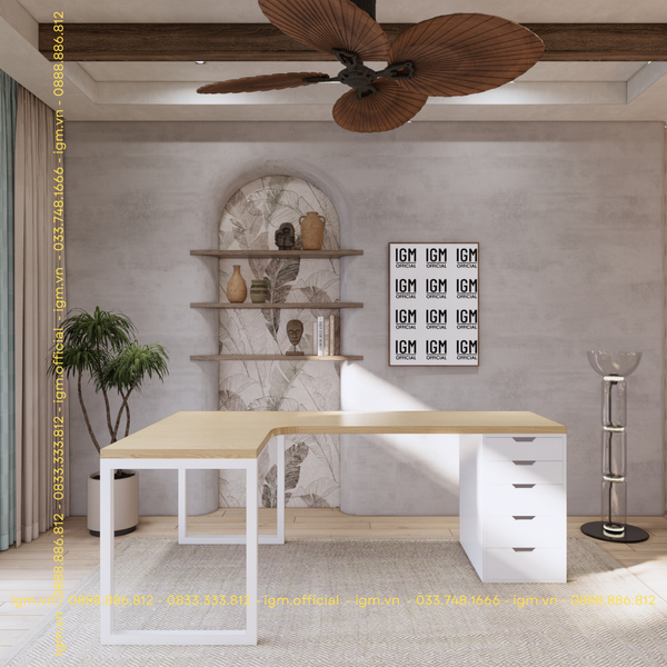 Bàn IKEA chữ L 1 Hộc tủ 5 ngăn trắng (Mặt bàn MDF - Màu Gỗ sồi)