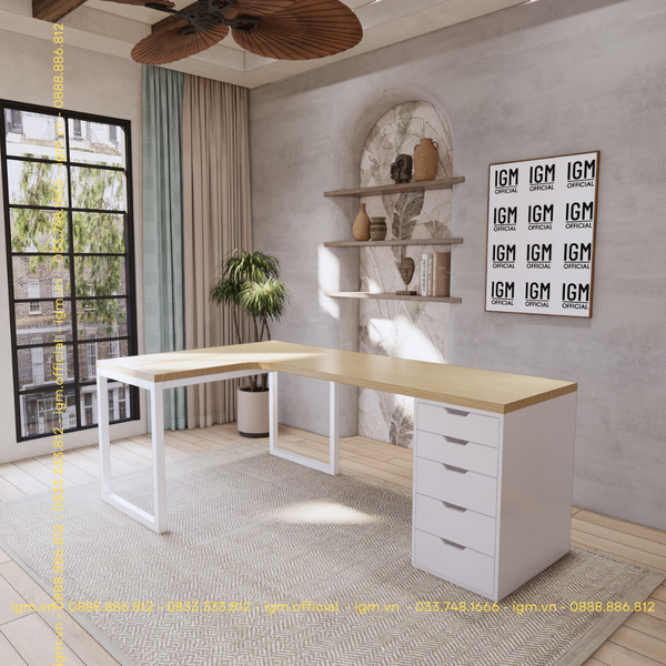 Bàn IKEA chữ L 1 Hộc tủ 5 ngăn trắng (Mặt bàn MDF - Màu Gỗ sồi)