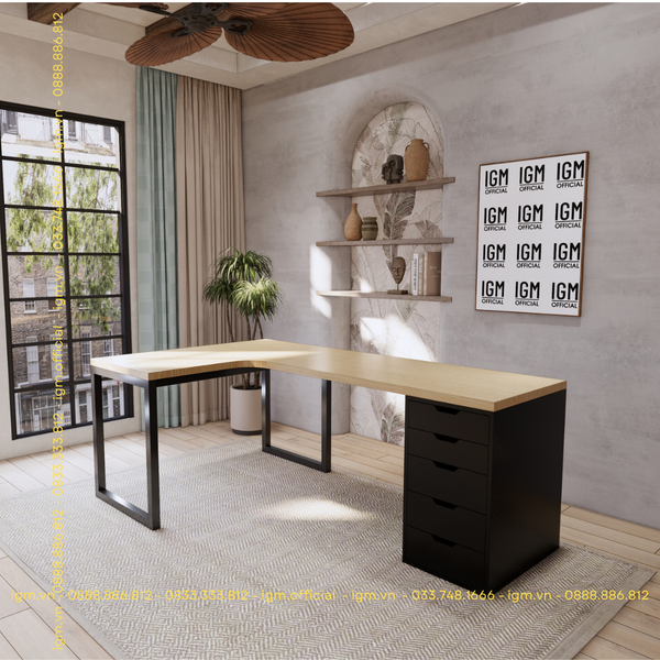 Bàn IKEA chữ L 1 Hộc tủ đen (Mặt bàn MDF -  Màu Gỗ sồi)