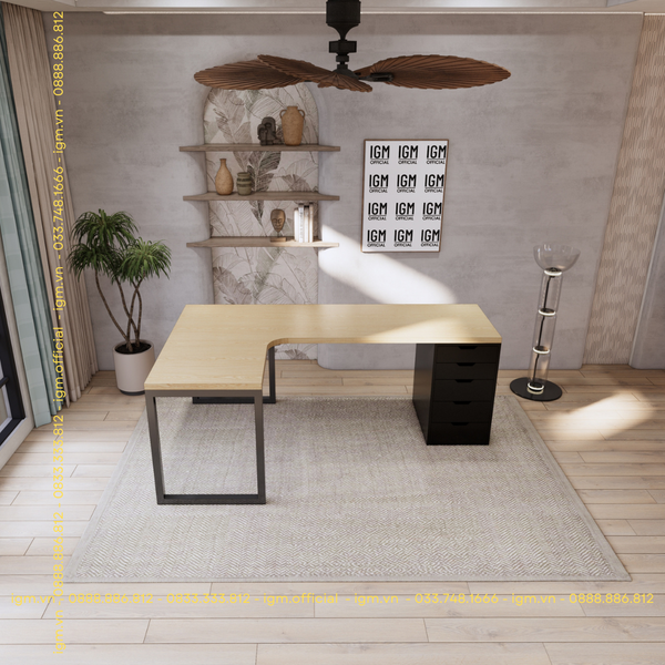 Bàn IKEA chữ L 1 Hộc tủ đen (Mặt bàn MDF -  Màu Gỗ sồi)