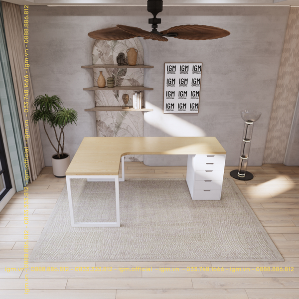 Bàn IKEA chữ L 1 Hộc tủ 5 ngăn trắng (Mặt bàn MDF - Màu Gỗ sồi)