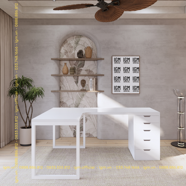 Bàn IKEA chữ L 1 Hộc tủ 5 ngăn trắng (Mặt bàn MDF - Màu Trắng)