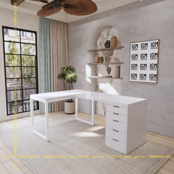 Bàn IKEA chữ L 1 Hộc tủ 5 ngăn trắng (Mặt bàn MDF - Màu Trắng)