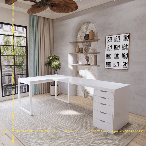 Bàn IKEA chữ L 1 Hộc tủ 5 ngăn trắng (Mặt bàn MDF - Màu Trắng)