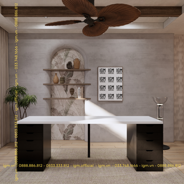 Bàn IKEA 2 Hộc tủ Đen (Mặt bàn  MDF - Màu Trắng)