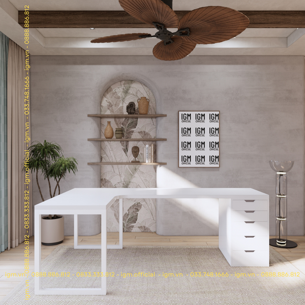 Bàn IKEA chữ L 1 Hộc tủ 5 ngăn trắng (Mặt bàn MDF - Màu Trắng)