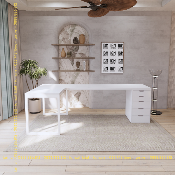 Bàn IKEA chữ L 1 Hộc tủ 5 ngăn trắng (Mặt bàn MDF - Màu Trắng)