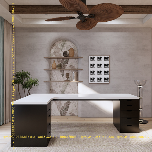 Bàn IKEA chữ L 2 Hộc tủ 5 ngăn Đen (Mặt bàn MDF - Màu Trắng)