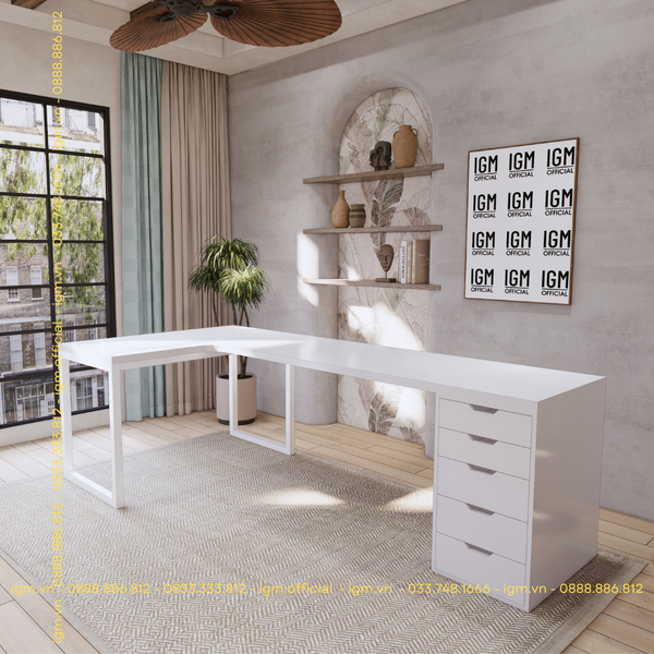 Bàn IKEA chữ L 1 Hộc tủ 5 ngăn trắng (Mặt bàn MDF - Màu Trắng)