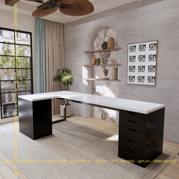 Bàn IKEA chữ L 2 Hộc tủ 5 ngăn Đen (Mặt bàn MDF - Màu Trắng)