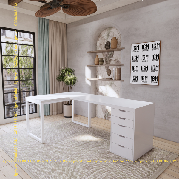 Bàn IKEA chữ L 1 Hộc tủ 5 ngăn trắng (Mặt bàn MDF - Màu Trắng)