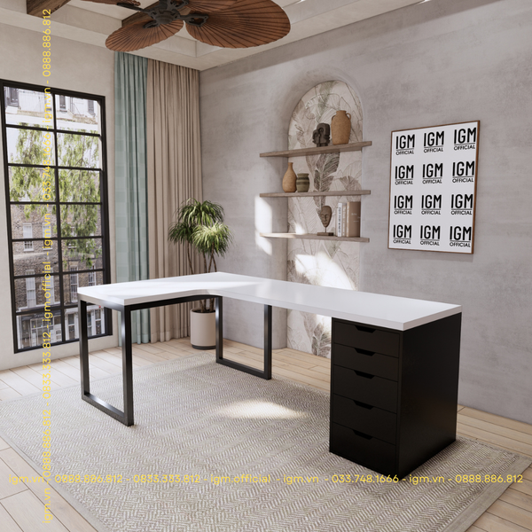 Bàn IKEA Chữ L 1 Hộc tủ đen (Mặt bàn MDF - Màu Trắng)