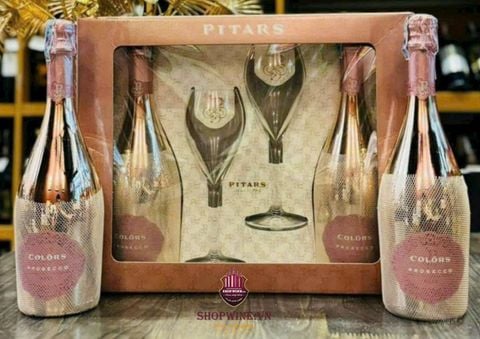  Hộp Rượu Vang 2 Chai + 2 Ly + Rượu vang nổ Colôrs Pitars Prosecco Etra Dry 